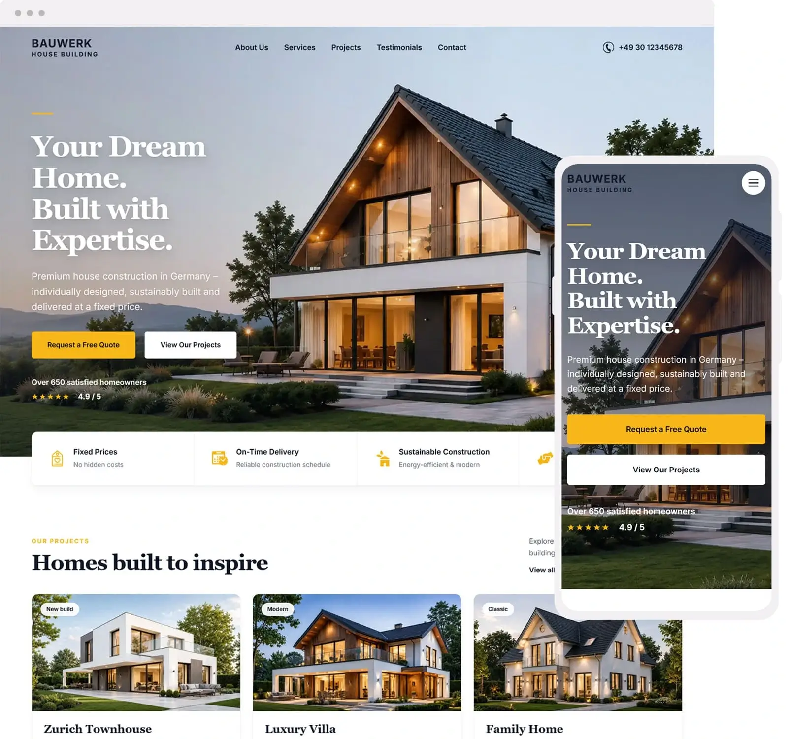 Professional construction company website with services and project portfolio